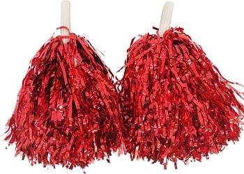 Goldedge Metallic Foil Plastic Cheerleading Pom Poms with Baton Handle for Stage Performance 2-Pieces Set, Red