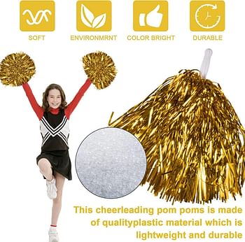 Goldedge Metallic Foil Plastic Cheerleading Pom Poms with Baton Handle for Stage Performance 2-Pieces Set, Red