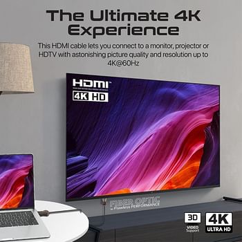 بروميت كيبل HDMI 2.0، 4K@60Hz HDMI الى HDMI احادي الاتجاه، دعم فيديو ثلاثي الابعاد، عرض النطاق الترددي 18 جيجابايت في الثانية، ايثرنت، كيبل الياف بصرية بطول 15 متر وموصلات مطلية بالذهب لاجهزة اللابتوب