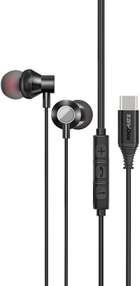 Promate Earphones with USB-C Connector, Ergonomic In-Ear USB-C HD Wired Earbuds with Microphone, Call Function, Anti-Tangle Wire and In-Line Volume Control for iPhone 15, iPad Air, Galaxy S23, Silken-C.BLACK