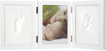 Nuby Baby Keepsake Classic White Wooden Trifold Frame Kit That Holds One 5 x 7" Photo & 2 Clay Print Kits for Newborn Girls Boys, Personalized Gift