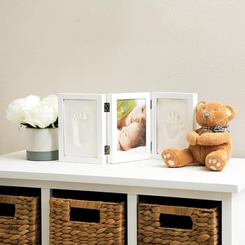Nuby Baby Keepsake Classic White Wooden Trifold Frame Kit That Holds One 5 x 7" Photo & 2 Clay Print Kits for Newborn Girls Boys, Personalized Gift