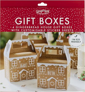 Ginger Ray Gingerbread House Gift Present Wrapping Boxes with Personalised Sticker Names, Pack of 4, Gift Boxes