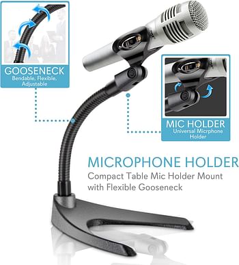 Pyle Desktop Microphone Stand - Universal Tabletop Mic Holder w/Flexible 8.2'' Inch Gooseneck Mount and Solid U Shape Base - Perfect for Table Desk or Counter - PMKS8