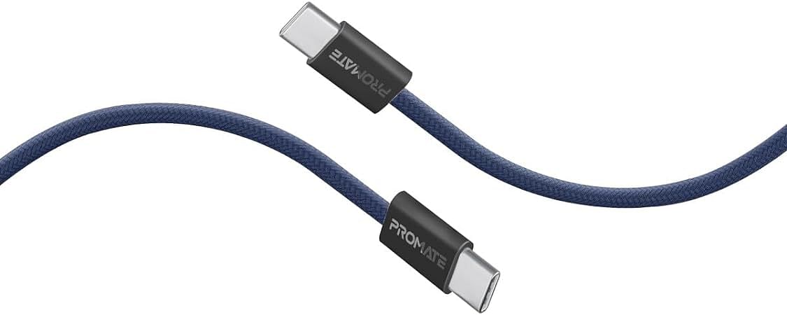 Promate USB-C to USB-C Cable, Premium 60W Power Delivery Fast Charging Cable with 480Mbps Data Sync, 120cm Anti-Tangle Nylon Braided Cord for iPhone 15, Galaxy S23, iPad, Dell, ECOLINE-CC120, Navy
