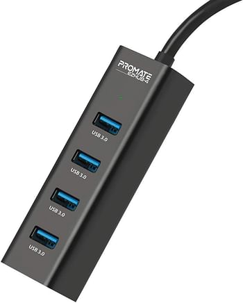 Promate 4 Port USB 3.0 Hub- High-Speed 5Gbps Data Transfer and Charge 4 USB Extender with Built-In USB 3.0 Cable and Over-Charging Protection for Windows PC-Mac-Surface Pro-Laptop- EZHub-4