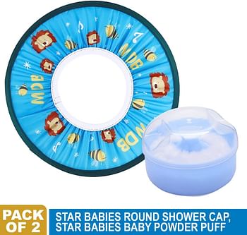 Star Babies - Adjustable Kids Shower Cap With Kids Powder Puff - Pack of 2 - Blue
