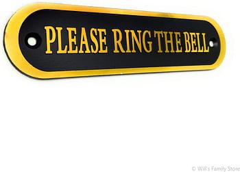 Will's Family Store "Please Ring The Bell" Aluminum Door Sign Brushed Finish 5.5x1.4 inch, Black And Golden