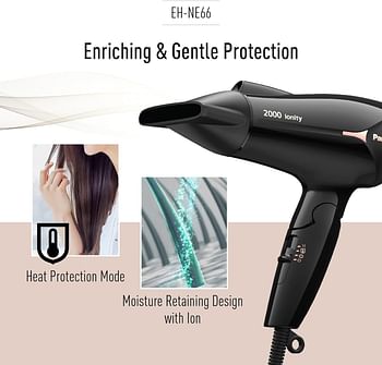 Panasonic EH NE66 2000W Powerful Ionity Hair Dryer with 11mm concentrator nozzle for Fast Drying & Smooth Finish, Black
