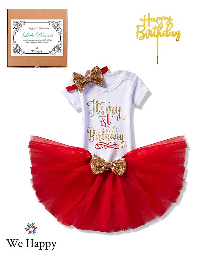 4 Pieces Its My 1st Birthday Costume Princess Theme Dressing up Toy Baby Girl Party Fancy Wear with Tutu Skirt, Cake Topper and Floral Headband - Red