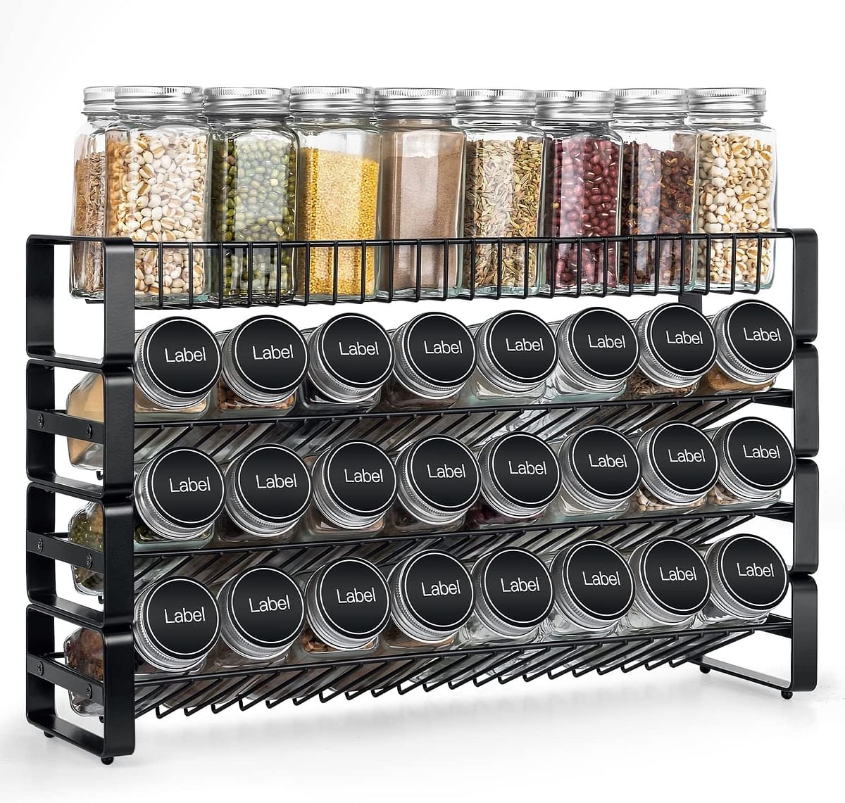 JONYJ 4-Tier Stackable Cabinet Spice Rack Organizer, Detachable Countertop, Freestanding, Black Brushed Iron, Style Complanate