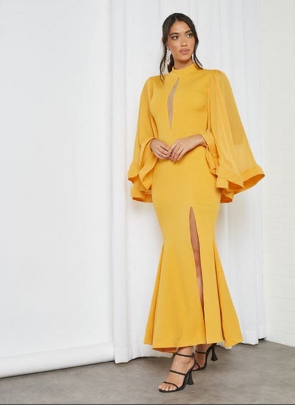 Front Slit Bodycon Dress Mustard - Large