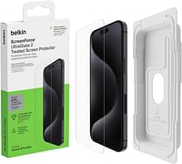 Belkin ScreenForce UltraGlass 2 Treated iPhone 15 Pro Max Screen Protector, Scratch-Resistant, 9H Hardness Tested Glass with Slim Design, Includes Easy Align Tray for Bubble-Free Application