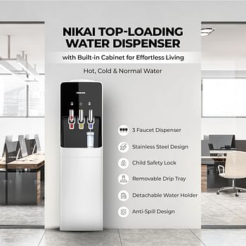Nikai Water Dispenser 3Tap with Mini Bottom Fridge Size L x W x H 30 x 30 x 110cm NWD1400C White, ‎NWD1400R