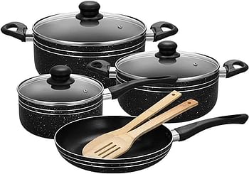 Royalford RF11759 Ritz 9-Piece Non-Stick Cookware Set Aluminum Body With 3-Layer Construction, CD Bottom, Bakelite Handles And Glass Lid Black