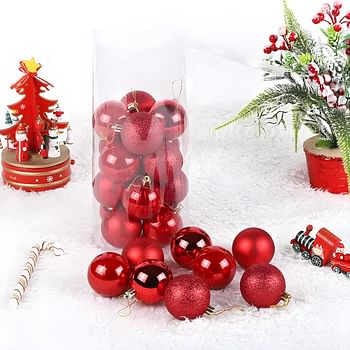 Christmas Tree Decorations Baubles Ornament Balls Sparkling Shatterproof Christmas Ball Ornaments Set - (Red, 24PCs 6 cm diameter) Glittering Baubles for Tree Decor,Durable Plastic Holiday Decorations