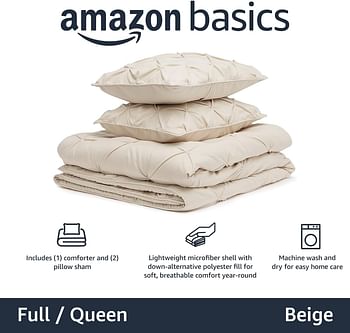 Amazn Basics All-Season Down-Alternative Comforter 3-Piece Bedding Set - Pinch Pleat- Full/Queen - Beige