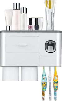 iBingo KSA Double Automatic Toothpaste Dispensers Wall Mounted Toothbrush Holder Kit for Bathroom and Vanity - 6 Brush Slots 2 Magnetic Cups 1 Cosmetic Drawer Organizer 1 Large Storage Tray