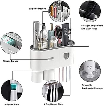 iBingo KSA Double Automatic Toothpaste Dispensers Wall Mounted Toothbrush Holder Kit for Bathroom and Vanity - 6 Brush Slots 2 Magnetic Cups 1 Cosmetic Drawer Organizer 1 Large Storage Tray