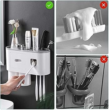 iBingo KSA Double Automatic Toothpaste Dispensers Wall Mounted Toothbrush Holder Kit for Bathroom and Vanity - 6 Brush Slots 2 Magnetic Cups 1 Cosmetic Drawer Organizer 1 Large Storage Tray