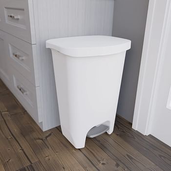 Glad 13 Gallon - 49 L - Trash Can | Plastic Kitchen Waste Bin with Odor Protection of Lid | Hands Free with Step On Foot Pedal and Garbage Bag Rings, 13 Gallon, White