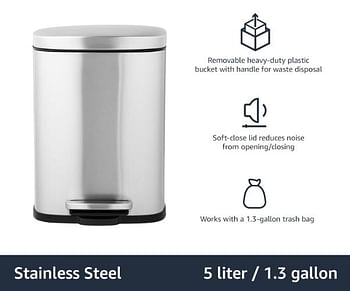 Amazn Basics Smudge Resistant Small Rectangular Trash Can With Soft-Close Foot Pedal, Brushed Stainless Steel, 5 Liter/1.3 Gallon, Satin Nickel Finish