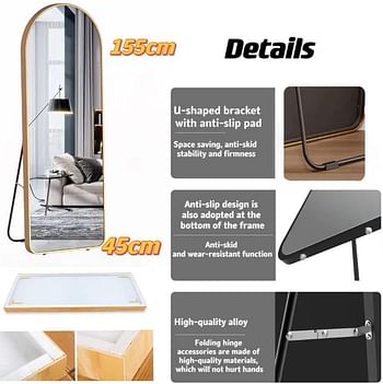 AIRFUL Mirror Full Length 152cm-42cm Arched Aluminum alloy Large Standing Dressing Mirror Hanging Leaning Against Wall Mounted Mirror with Stand for Bedroom Locker Room Living Room (Local tyrant gold)