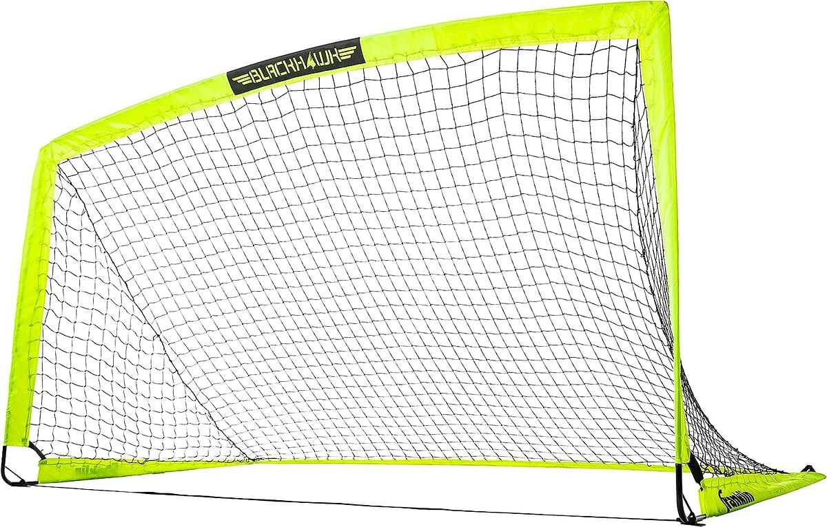 Franklin Sports Blackhawk Backyard Soccer Goal - Portable Kids Soccer Net - Pop Up Folding Indoor + Outdoor Goals - 9' x 5.5' - Optic Yellow