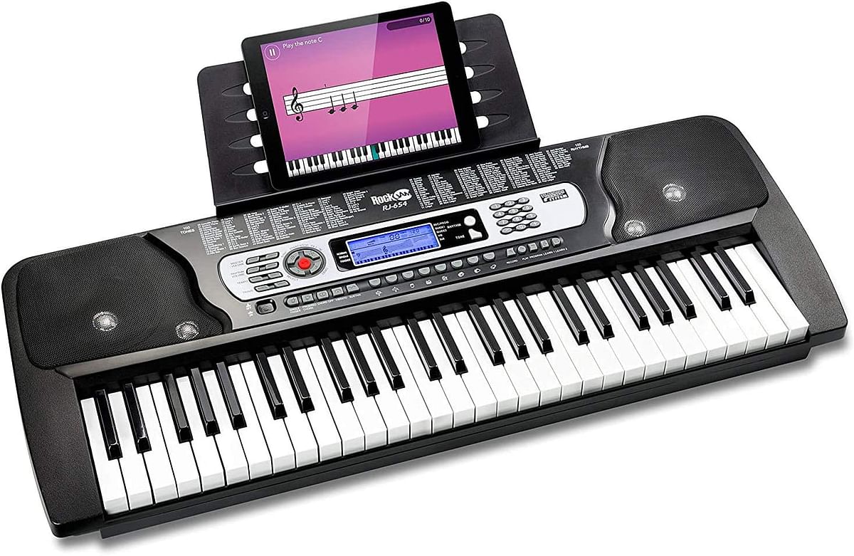 Rockjam Rj654 54 Key Keyboard Piano With Power Supply, Sheet Music Stand, Note Stickers & Simply Lessons - Black