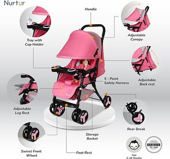 Nurtur Ryder Ultra Compact Lightweight Baby Travel Stroller with Storage Basket, Detachable Food Tray, Reclining Seat and Leg Rest, 0-36 Months - Pink