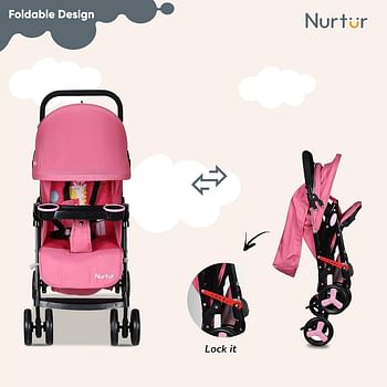 Nurtur Ryder Ultra Compact Lightweight Baby Travel Stroller with Storage Basket, Detachable Food Tray, Reclining Seat and Leg Rest, 0-36 Months - Pink