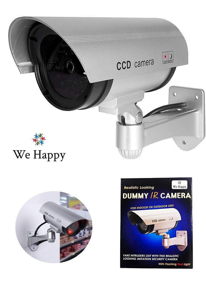 We Happy Dummy CCTV Security Camera with Flashing LED Light, Adjustable Fake Surveillance System Waterproof Bullet Design Safe For Outdoor Indoor Use