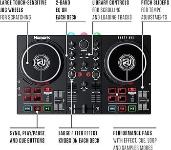 Numark Party Mix II - DJ Controller with Party Lights, DJ Set with 2 Decks, DJ Mixer, Audio Interface and USB Connectivity + Serato DJ Lite