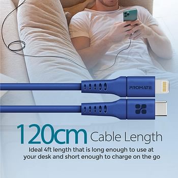 Promate USB-C to Lightning Cable, Fast-Charging 20W Power Delivery Type-C to Lightning Soft Silicone Cord with 480 Mbps Data Sync and 120 cm Anti-Tangle Cable for iPhone 13, 12, PowerLink-120