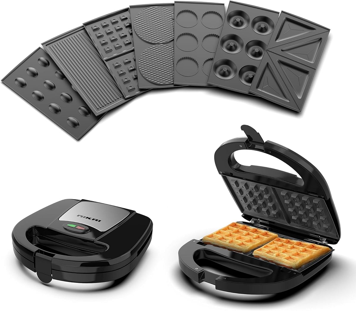 Nikai NGT727D Sandwich And Multi Snack Maker 750W  2 Slot Non-Stick 7in1 Interchangeable Plates for Grill, Toaster, Pancakes, Cookies, Waffles, Donuts, Cupcakes & Nutties Dishwasher Safe- Black