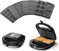 Nikai NGT727D Sandwich And Multi Snack Maker 750W  2 Slot Non-Stick 7in1 Interchangeable Plates for Grill, Toaster, Pancakes, Cookies, Waffles, Donuts, Cupcakes & Nutties Dishwasher Safe- Black