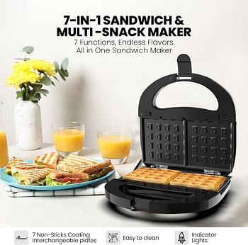 Nikai NGT727D Sandwich And Multi Snack Maker 750W  2 Slot Non-Stick 7in1 Interchangeable Plates for Grill, Toaster, Pancakes, Cookies, Waffles, Donuts, Cupcakes & Nutties Dishwasher Safe- Black