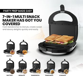 Nikai NGT727D Sandwich And Multi Snack Maker 750W  2 Slot Non-Stick 7in1 Interchangeable Plates for Grill, Toaster, Pancakes, Cookies, Waffles, Donuts, Cupcakes & Nutties Dishwasher Safe- Black