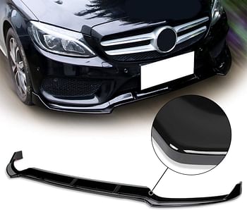 DNA MOTORING 2-PU-689-PBK Glossy Black ABS Front Bumper Lip with Vertical Stabilizer Compatible with 15-18 W205 C-Class Sport