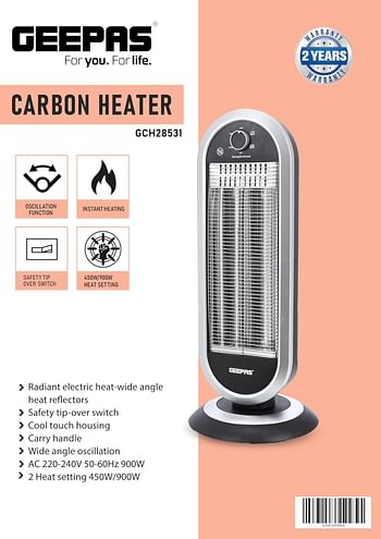 Geepas Carbon Heater, Wide Angle Oscillation Function, GCH28531 | Safety Tip Over Switch | Instant Heating Heater with 2 Heat Setting | Cool Touch Housing | Carry Handle