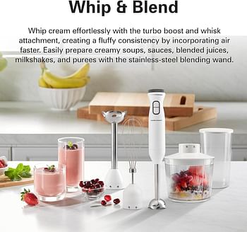 Hamilton Beach 600W Hand Blender with 500ml chopper, whisker, 700ml beaker, variable speed dial and Turbo Boost - blend, whip, chop, mix and puree all in one, 2 storage lids, HB6040-ME