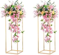 NUPTIO 2 Pcs Metal Flower Floor Vase Column Flower Stand Geometric Centerpieces Vase for Tables, 80cm/31.5in Tall Gold Flower Holder for Home Party Wedding Decorations, Rectangular Flower Display Rack