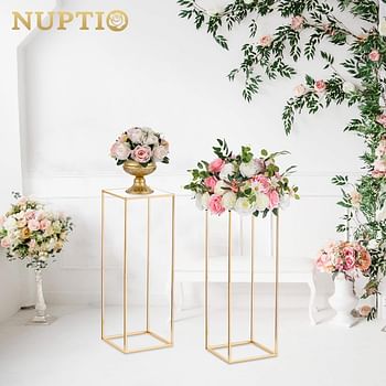 NUPTIO 2 Pcs Metal Flower Floor Vase Column Flower Stand Geometric Centerpieces Vase for Tables, 80cm/31.5in Tall Gold Flower Holder for Home Party Wedding Decorations, Rectangular Flower Display Rack