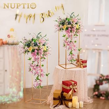 NUPTIO 2 Pcs Metal Flower Floor Vase Column Flower Stand Geometric Centerpieces Vase for Tables, 80cm/31.5in Tall Gold Flower Holder for Home Party Wedding Decorations, Rectangular Flower Display Rack