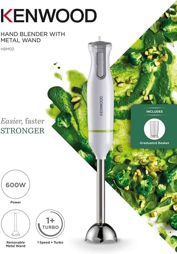 KENWOOD Hand Blender Metal Wand 600W Stick with Graduated Beaker -Turbo Function - Removable for Easy Cleaning HBM02.001WH White/Silver