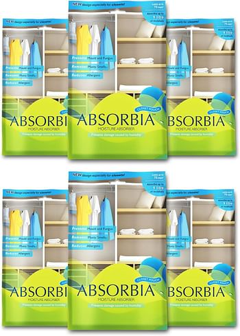 Absorbia Moisture Absorber Absorbia Hanging Pouch - Season Pack of 6 - 440 gms X 6 Pouches - Absorption Capacity 1000ml Each- Dehumidifier for Wardrobe, Closet And Bathroom - Fights Against fungus