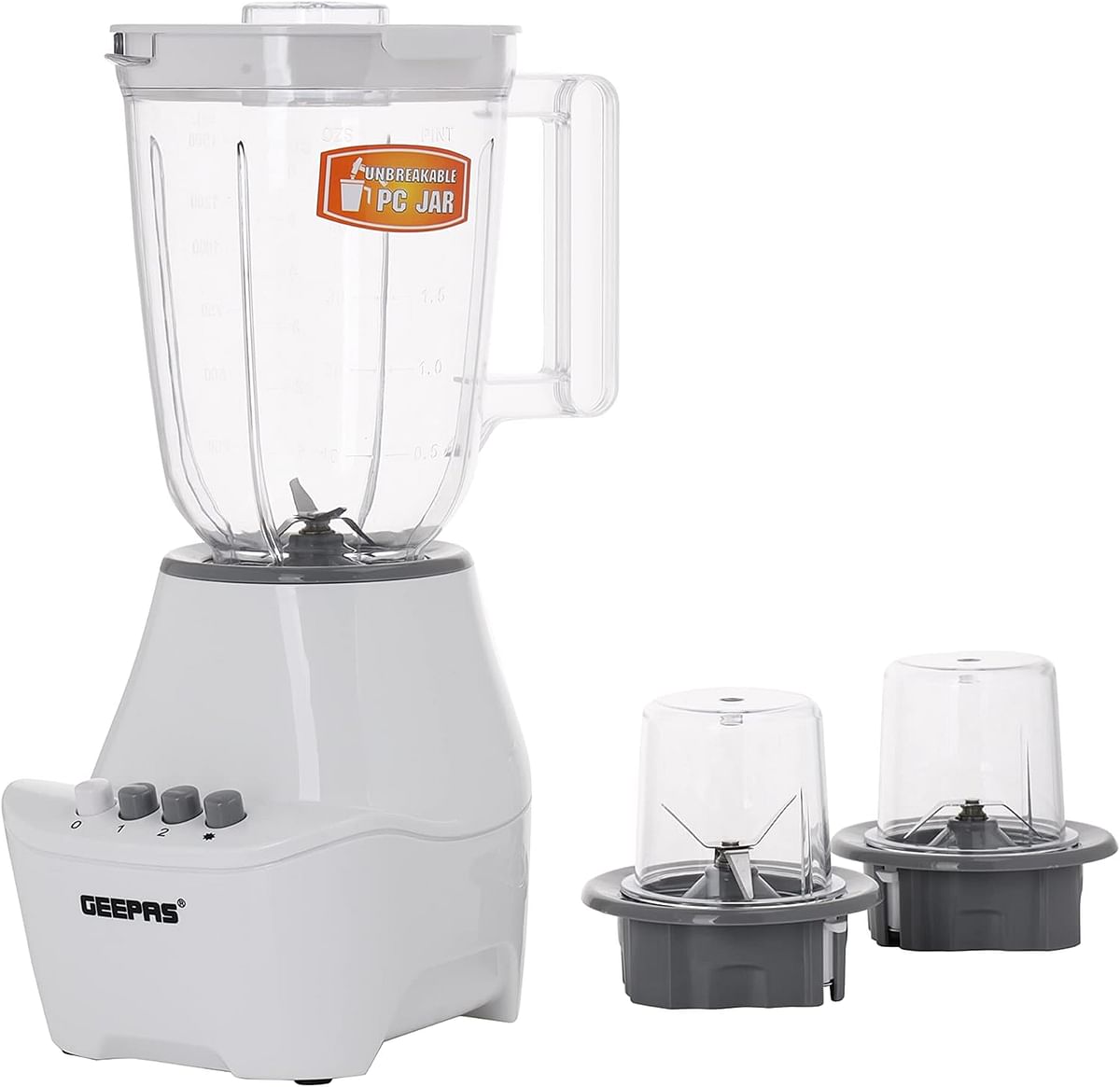 Geepas 3-in-1 Blender- GSB6104N 400W Powerful Motor with 2 Speed Setting and Pulse|Transparent and Unbreakable Jars with Stainless Steel Blade 2 Grinder Attachments Perfect for making Smoothies etc.