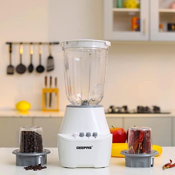 Geepas 3-in-1 Blender- GSB6104N 400W Powerful Motor with 2 Speed Setting and Pulse|Transparent and Unbreakable Jars with Stainless Steel Blade 2 Grinder Attachments Perfect for making Smoothies etc.