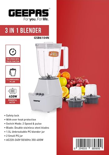 Geepas 3-in-1 Blender- GSB6104N 400W Powerful Motor with 2 Speed Setting and Pulse|Transparent and Unbreakable Jars with Stainless Steel Blade 2 Grinder Attachments Perfect for making Smoothies etc.