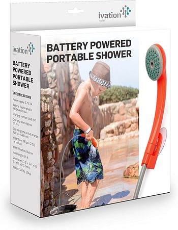 Ivation Portable Outdoor Shower -Battery Powered - Compact Handheld Rechargeable Camping Showerhead - Pumps Water from Bucket Into Stead - Gentle Shower Stream